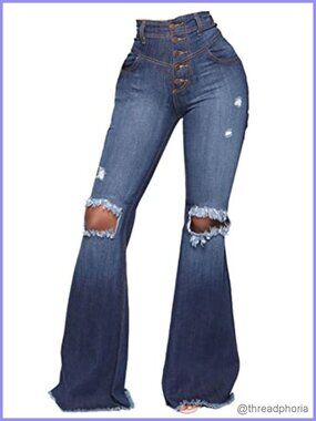 Women's Bell Bottom Jeans with Ripped Skinny Denim, High Rise Elastic Waist